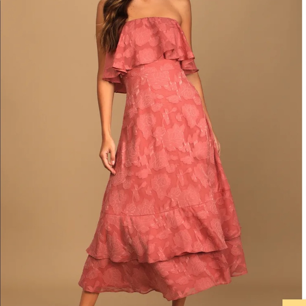 Love You So Truly Rusty Rose Burnout Floral Strapless Midi Dress